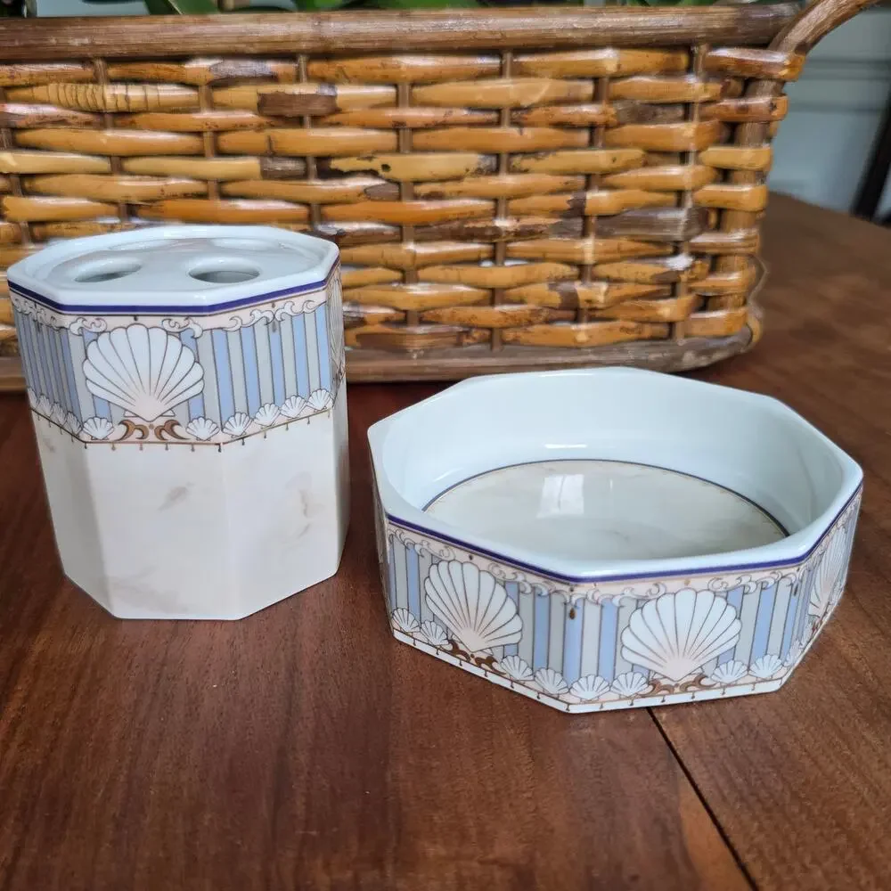 Vintage Andre Richard St Tropez Soap Dish Toothbrush Holder Marble Stripe Shells